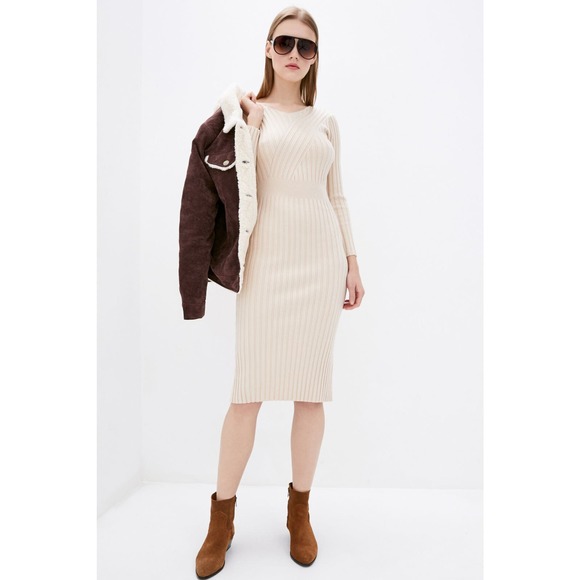 DASTI Bodycon Dress Knit Midi Ribbed Sexy Vestidos De Moda Nude Long Sleeves - Picture 6 of 6